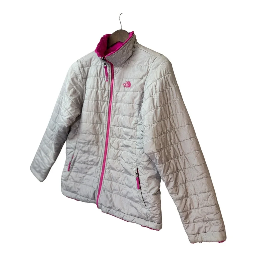 The‎ North Face Girls Reversible Mossbud Swirl Jacket XL Pink Gray Fleece Puffer